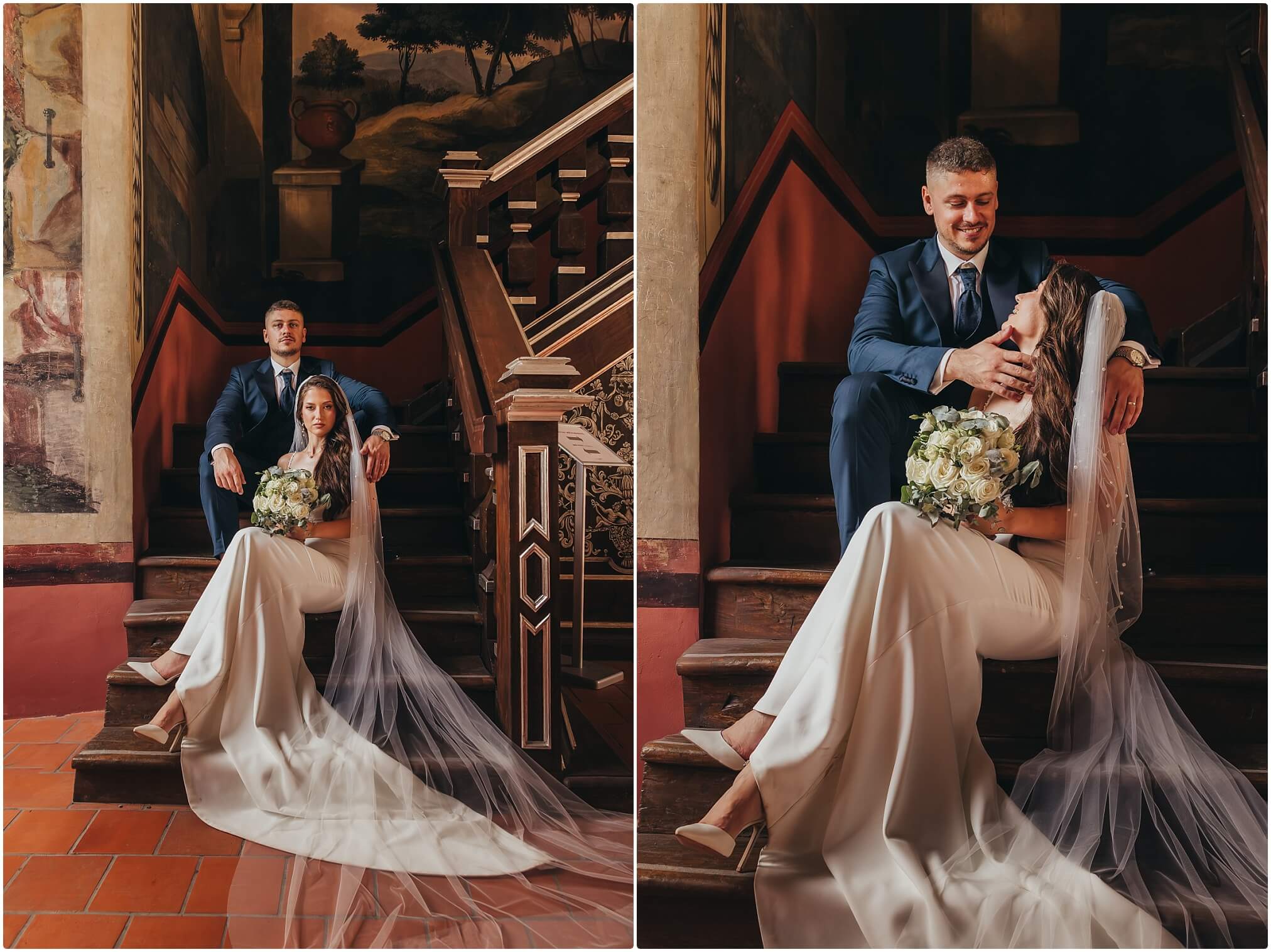 Vjenčani par zagrljen na stepenicama dvorca u elegantnoj atmosferi