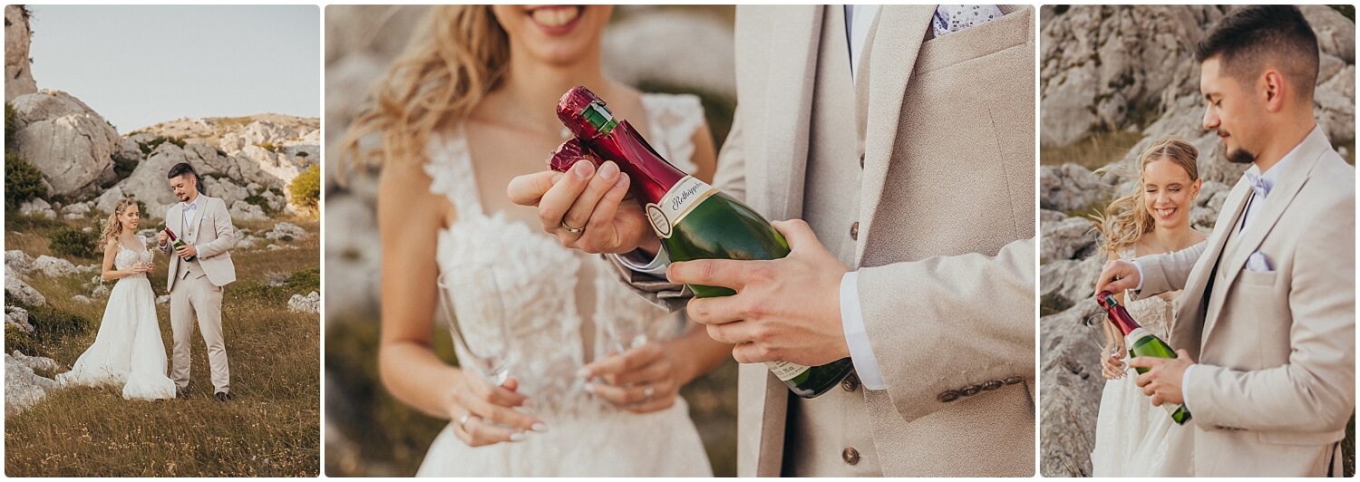 Nazdravljanje pjenušcem na Velebitu nakon razmjene zavjeta – smijeh, zagrljaji i trenutak čiste sreće pod otvorenim nebom.